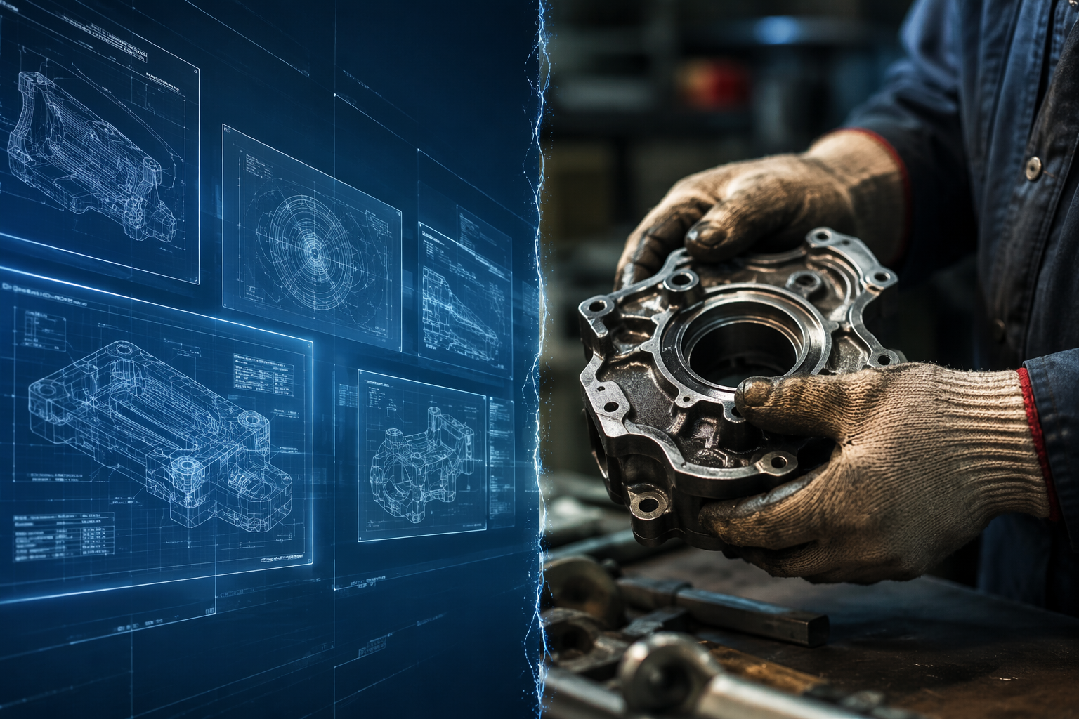 Digital design documents contrasted with an engineer examining a worn metal automotive part