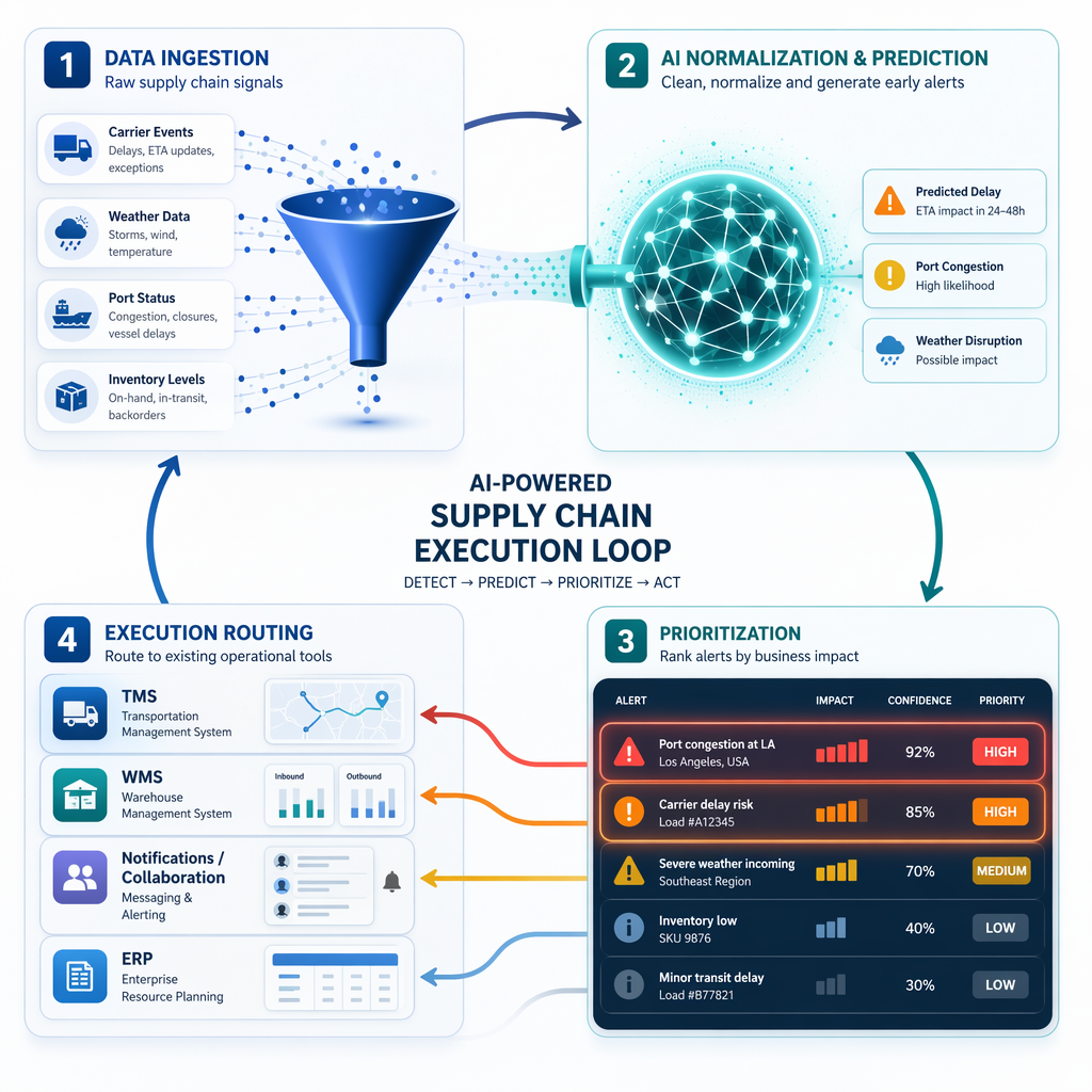 Four-stage AI-powered supply chain execution loop from raw signals to operational workflows