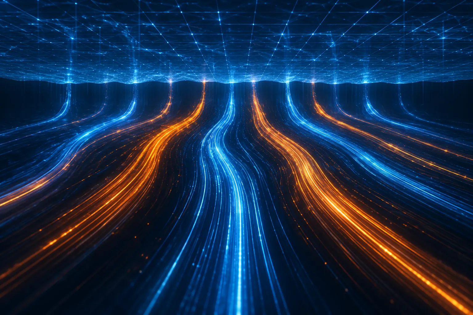 Parallel glowing scenario tracks converging beneath a data-grid ceiling that represents integration and supplier visibility limits