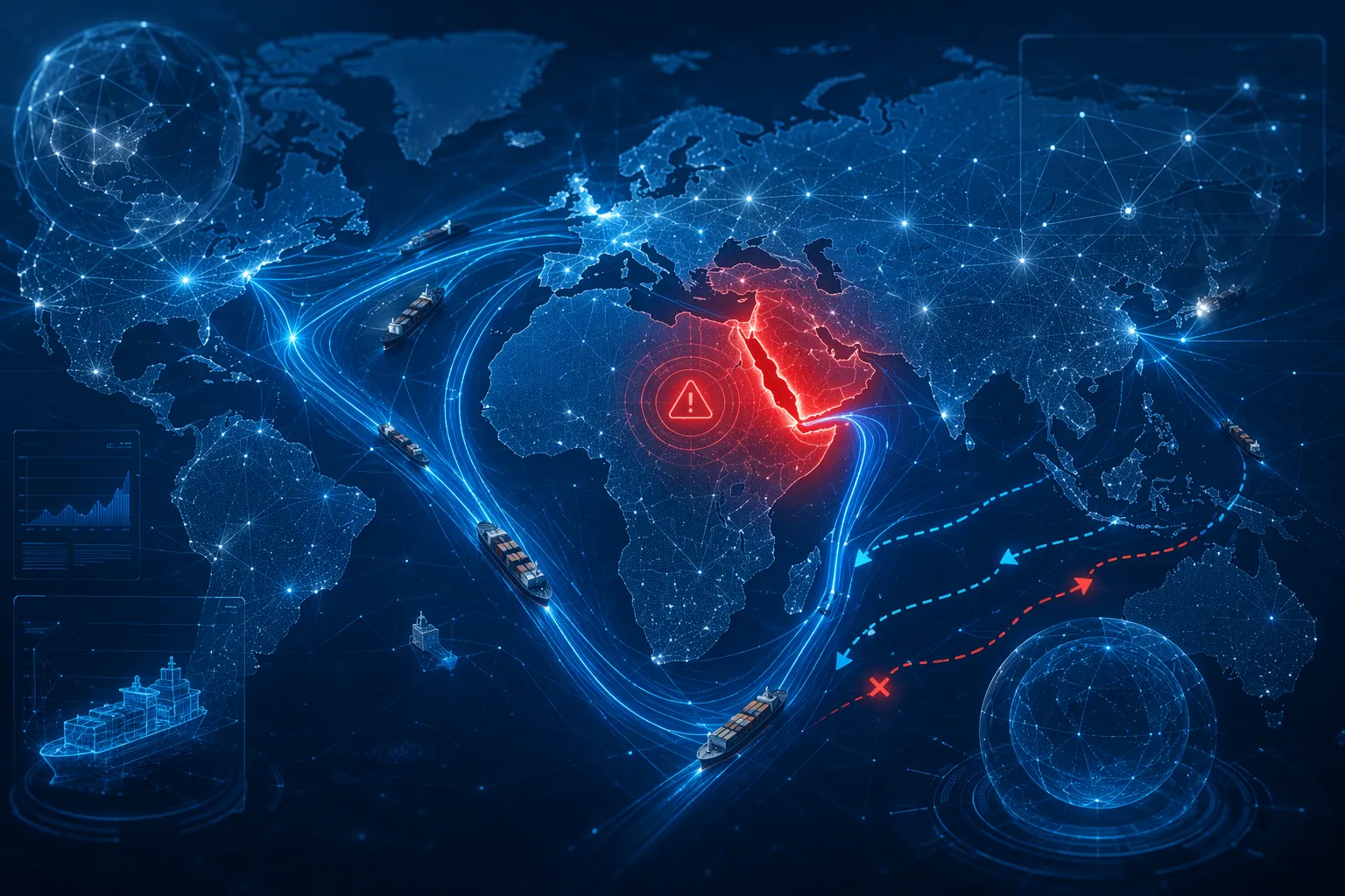 AI shipping network visualization with a Red Sea warning zone and diverted global route lines