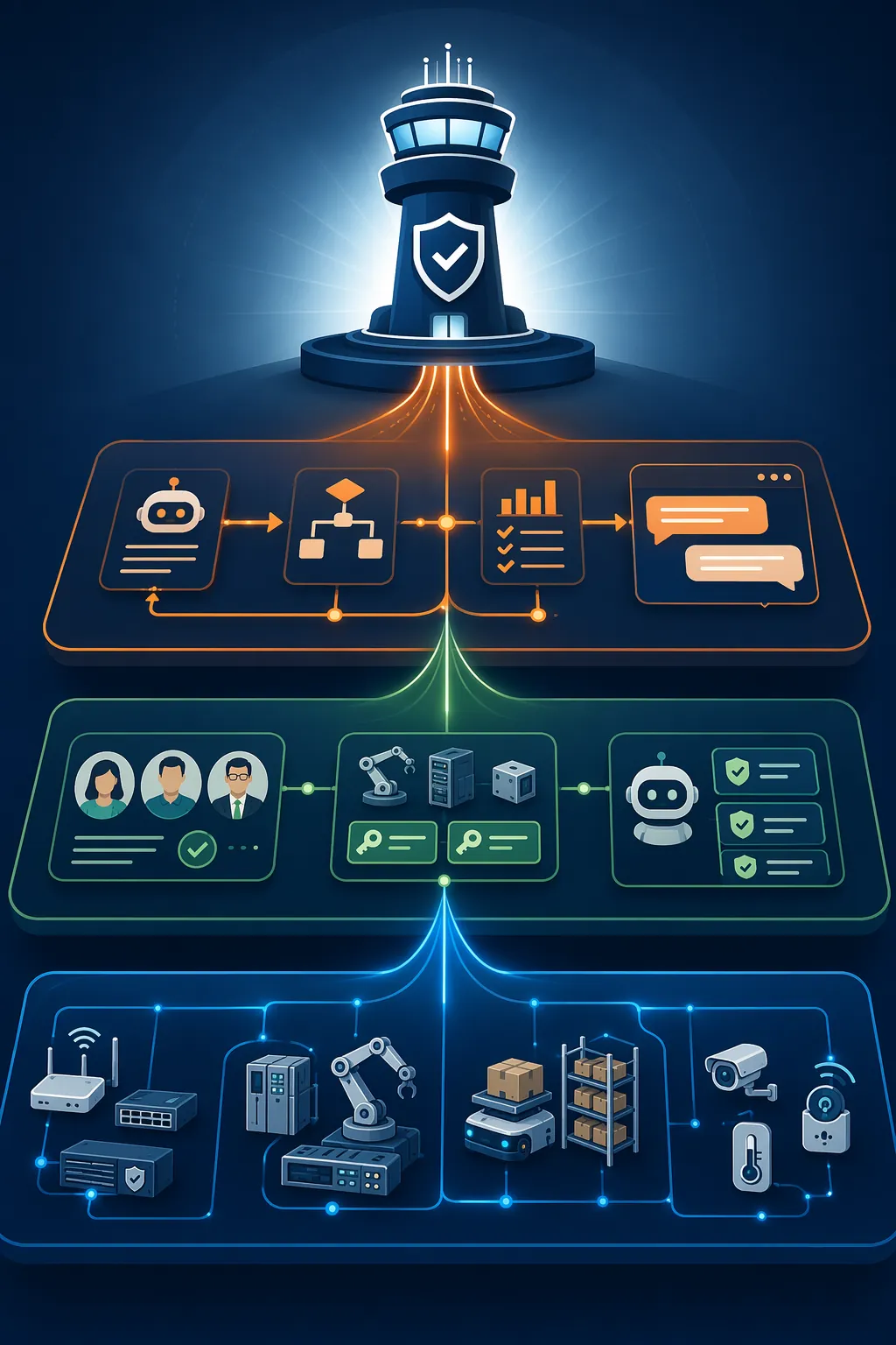 Infographic of asset visibility, identity intelligence, and AI orchestration feeding into a unified control tower with a shield