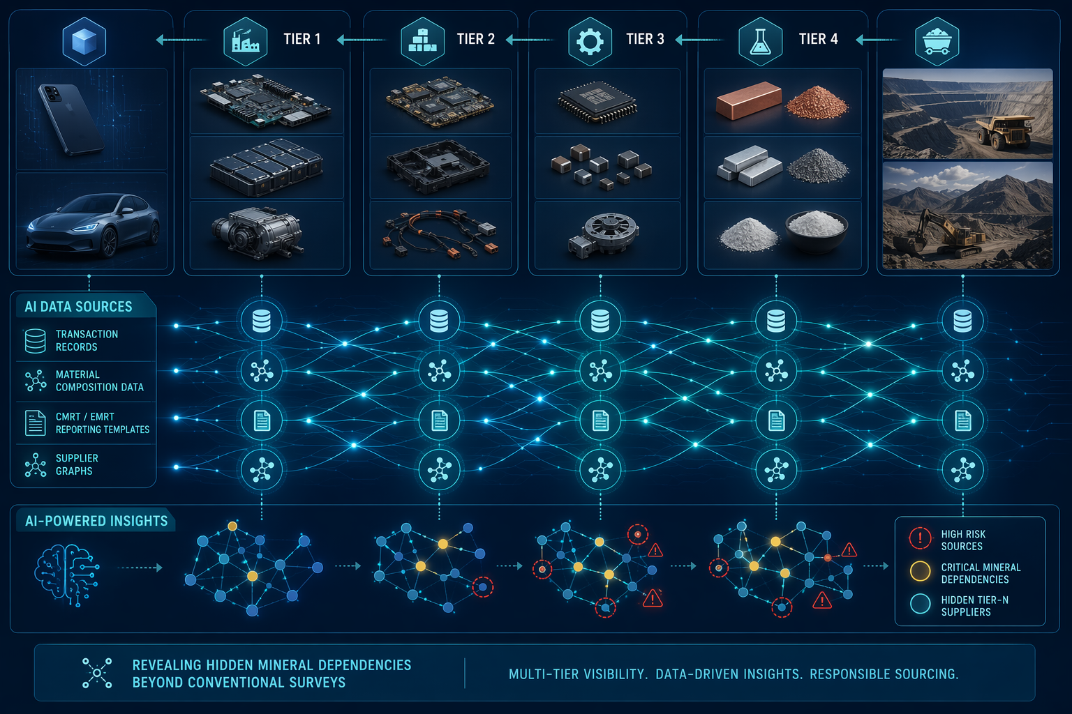 Multi-tier supply chain mapping diagram with hidden mineral dependency links