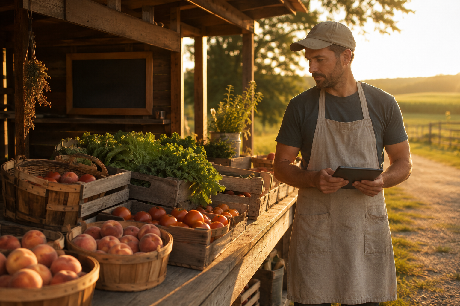 Small wooden farm stand with unsold tomatoes, leafy greens, and peaches at golden hour while a farmer reviews inventory on a tablet