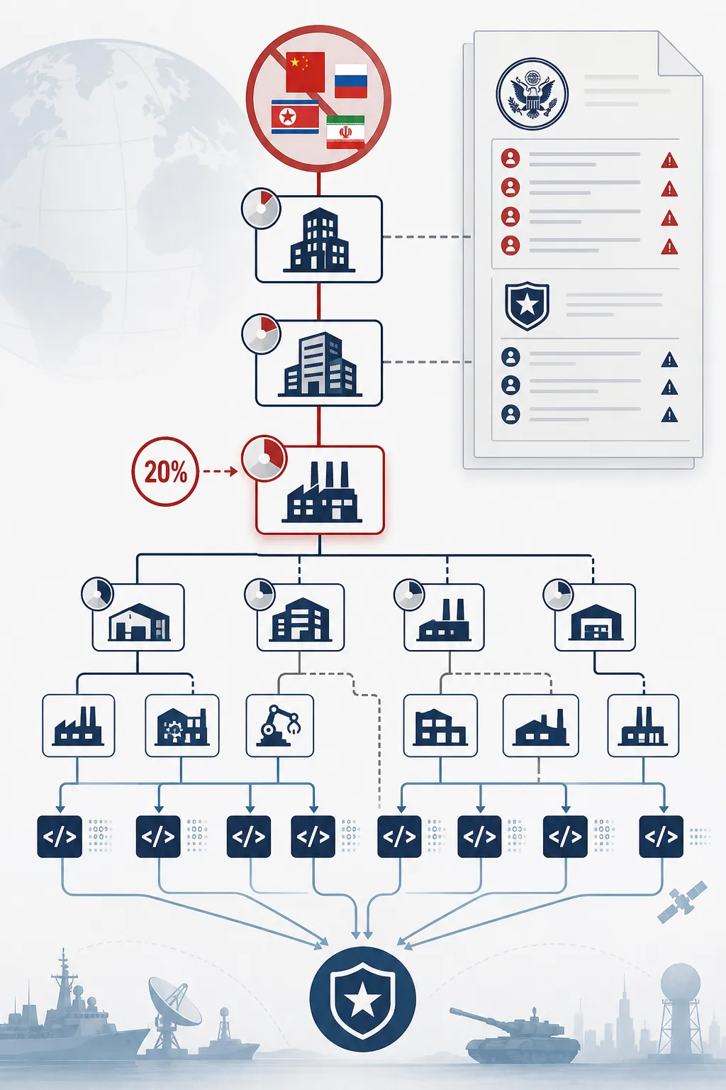 Defense supply chain ownership tree showing a flagged prohibited entity and a 20 percent indirect ownership trigger
