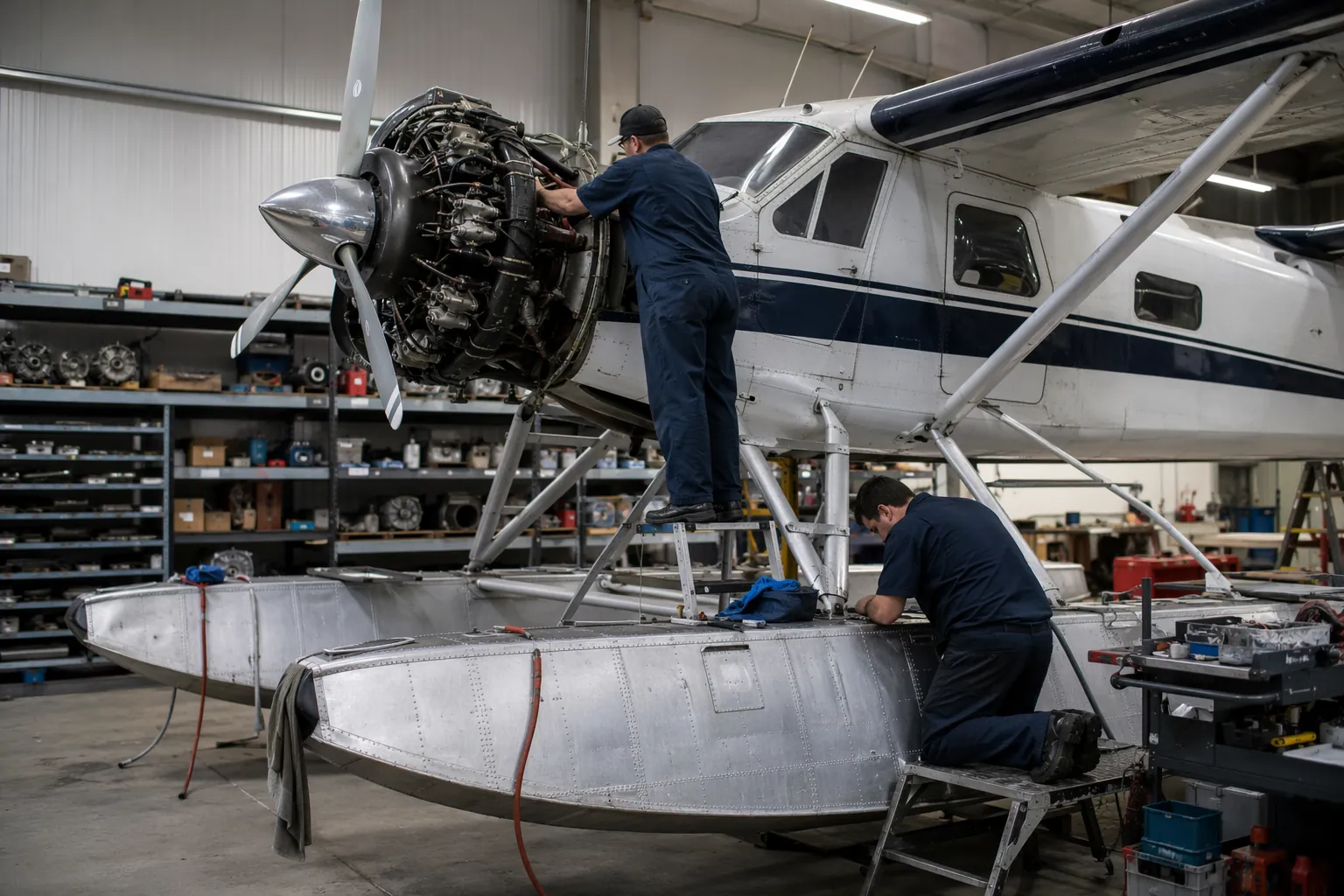 Mechanics working on a Beaver or Otter aircraft inside a seaplane maintenance hangar with aircraft parts and tools nearby