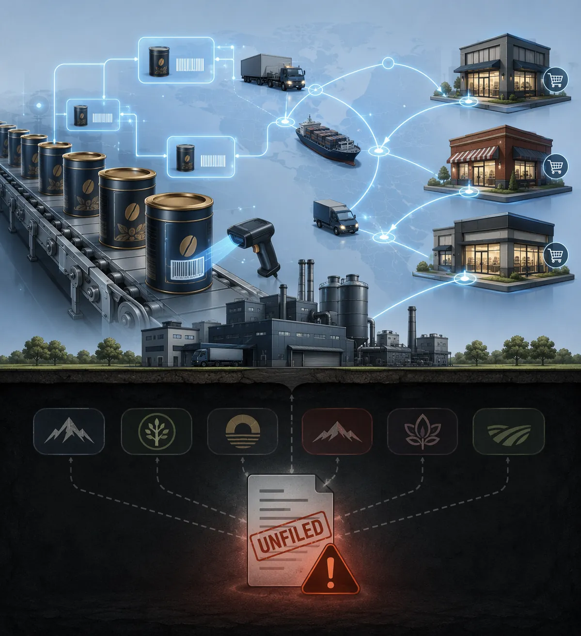Tracked coffee cans above a hidden co-manufacturing compliance layer with an unfiled regulatory document