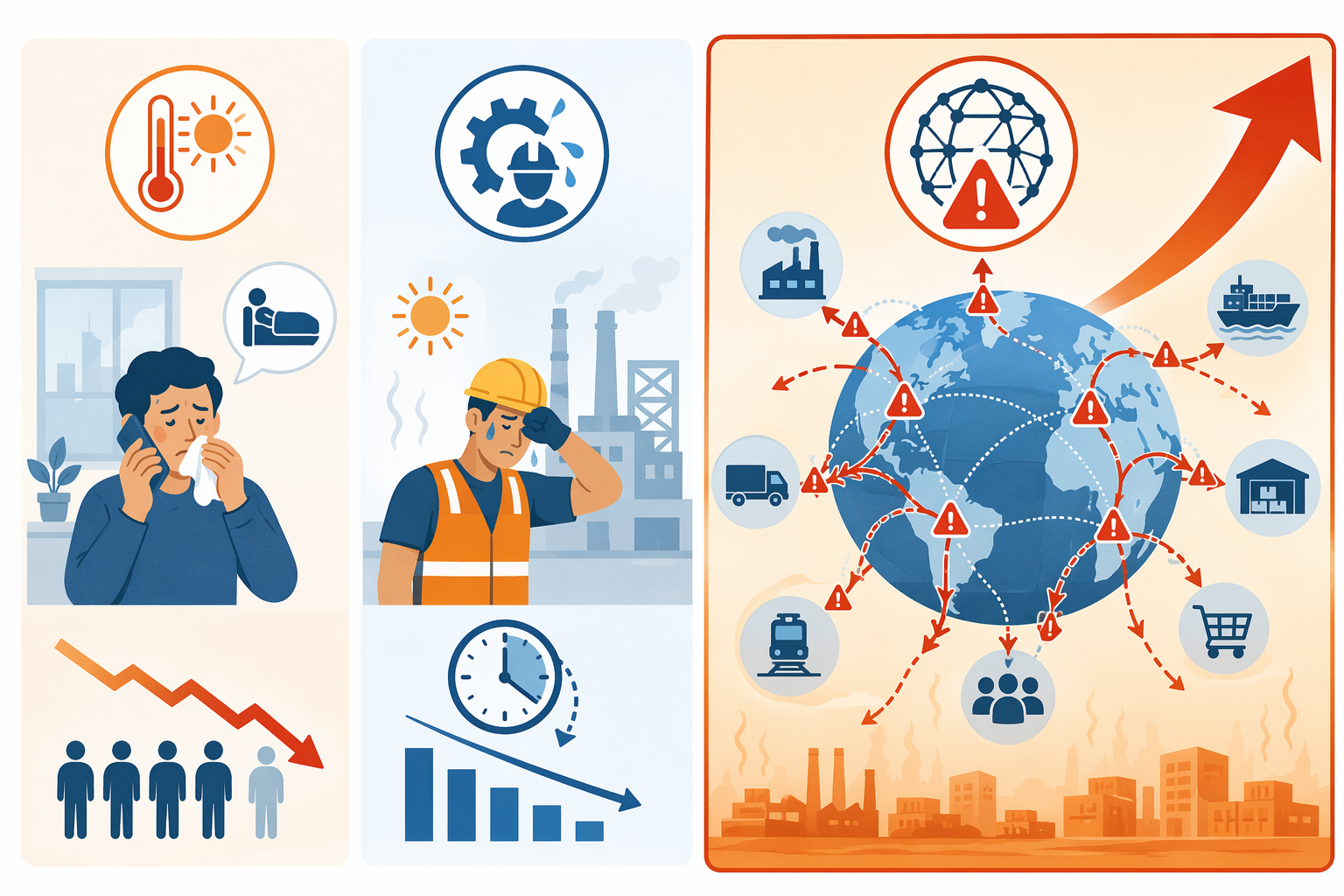 Three-column illustration of health-driven absenteeism, labour productivity loss, and indirect supply chain disruption under extreme heat