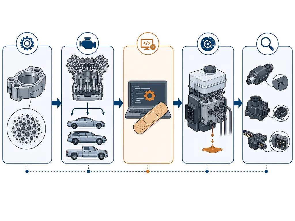 Flowchart of Hyundai-Kia fire-risk propagation from machining debris to shared engine architecture, KSDS mitigation, ABS HECU leak risk, and Mando component defects