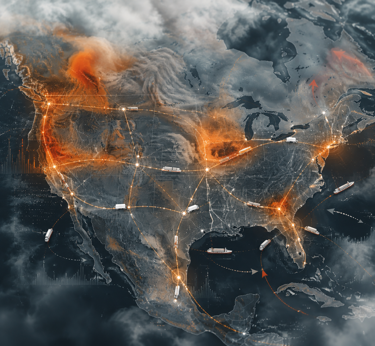 North American logistics route network overlaid with atmospheric haze and predictive disruption indicators