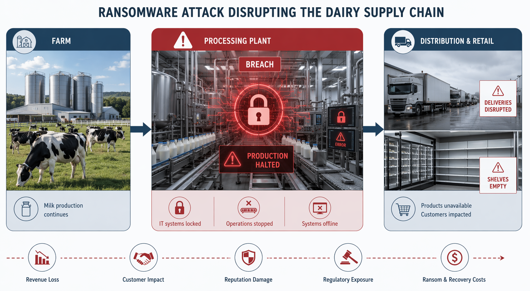 Dairy supply chain disruption flow from farms through a breached processing plant to refrigerated trucks and empty retail shelves