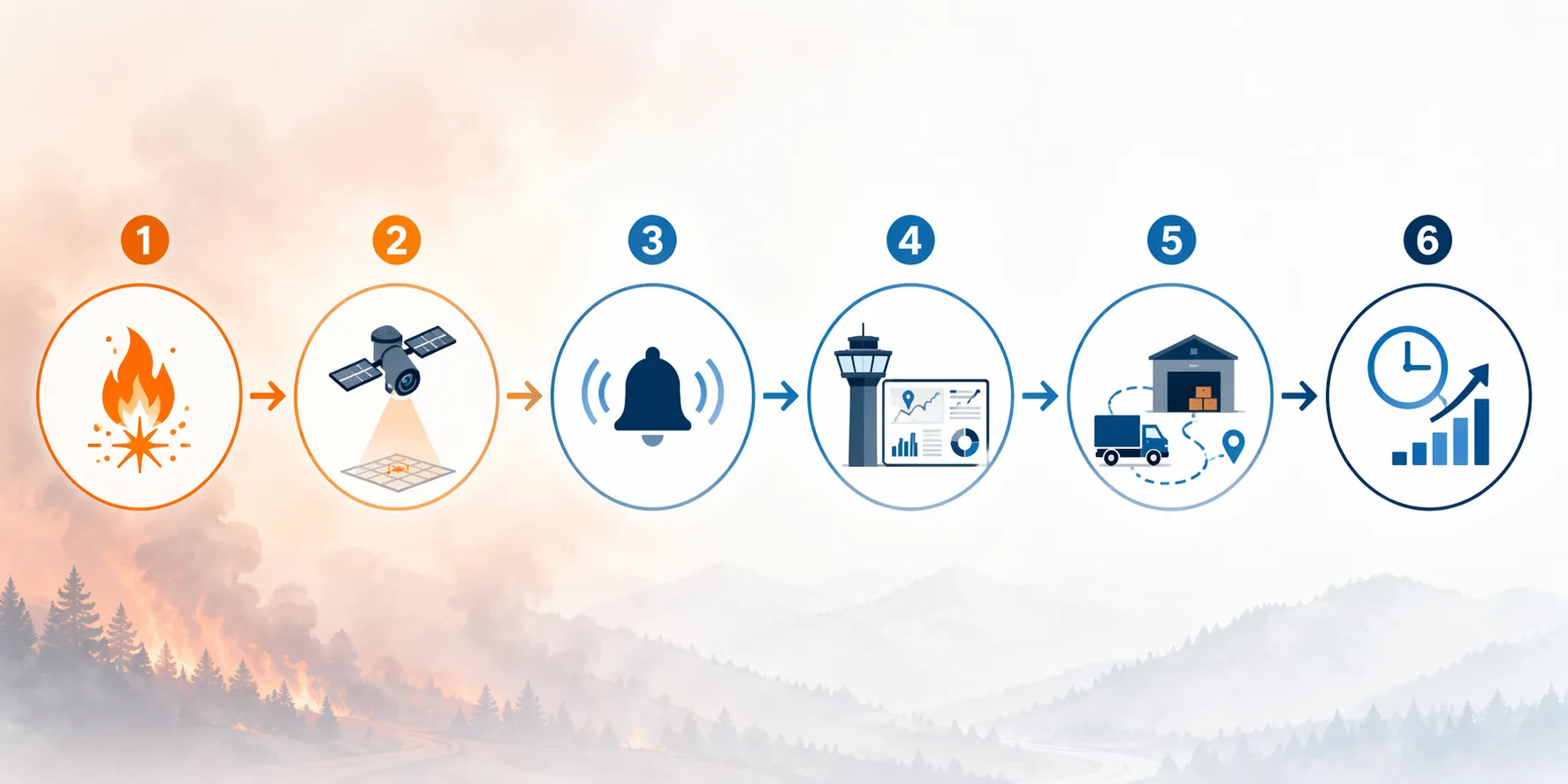 Process flow from fire ignition to AI detection, alert, logistics assessment, protective action, and measurable outcome