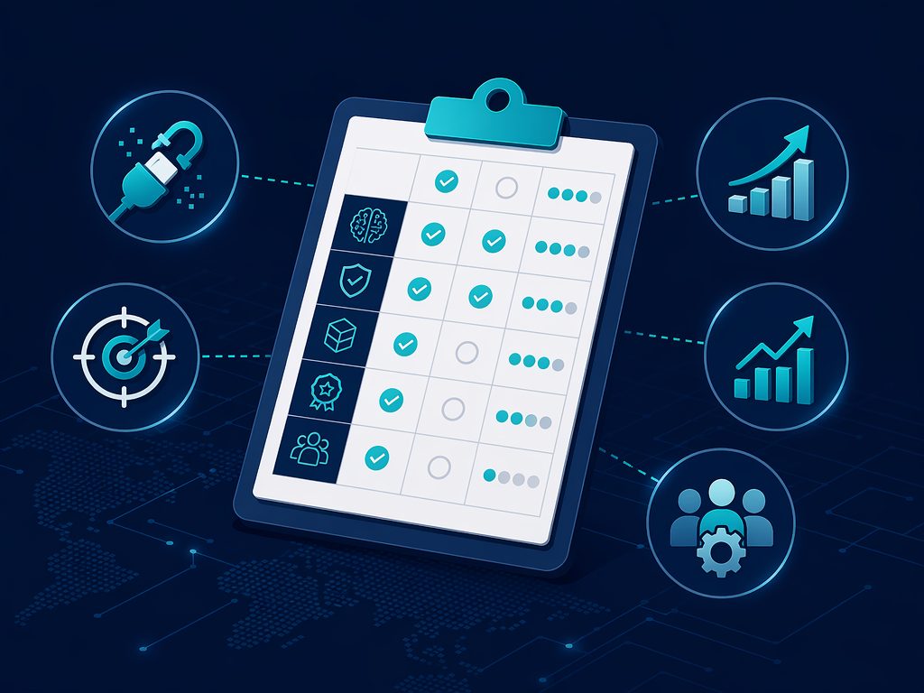 Flat illustration of a clipboard or tablet screen showing a structured evaluation grid with checkmarks and rating indicators. Surrounding icons: plug/link for data integration, target scope for use-case specificity, growth chart for scalability, bar chart with ROI arrow, and people icon with gear for change management. Navy background with teal checked items and gray unchecked items.
