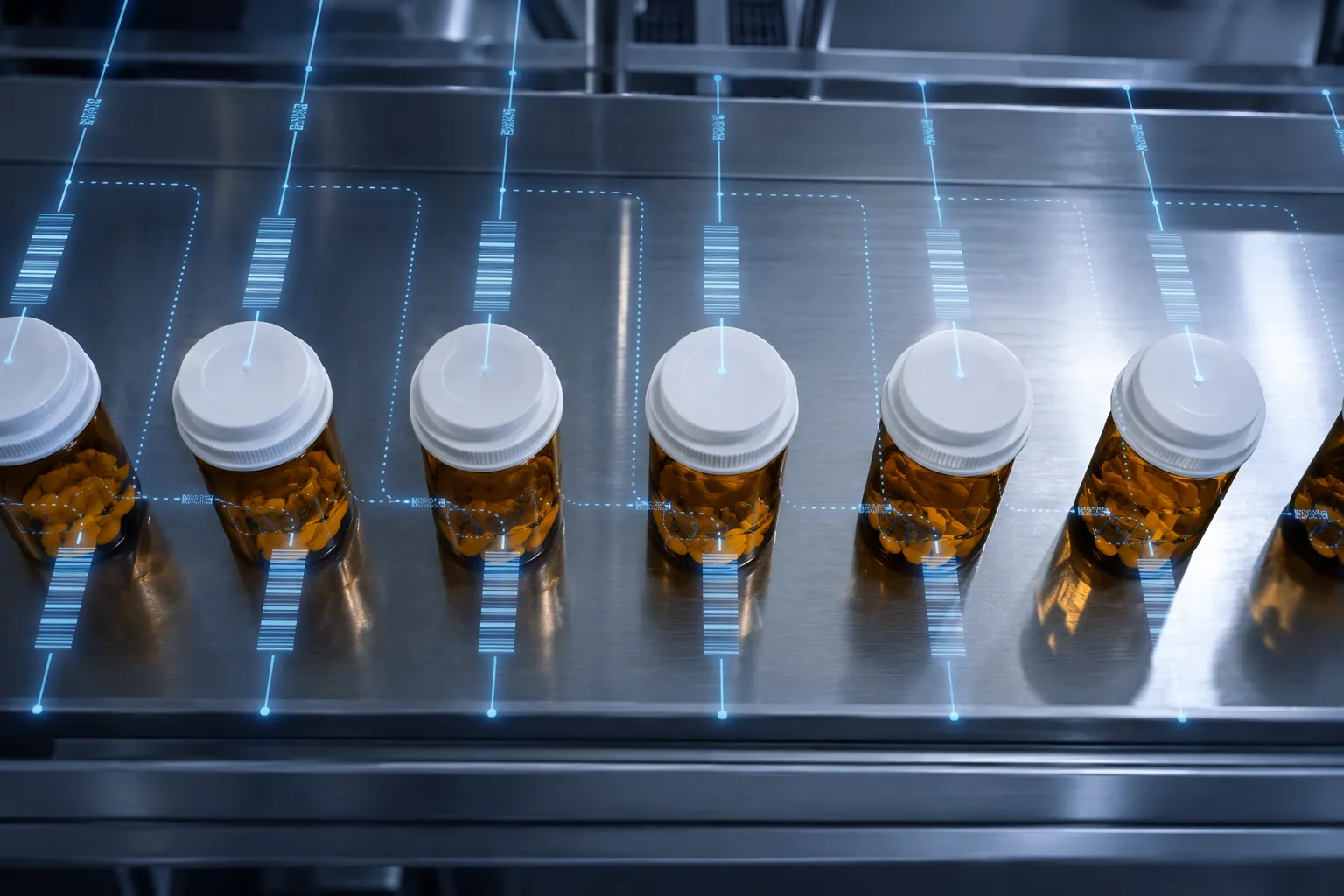 Amber pharmaceutical bottles with digital serial barcode patterns representing AI-powered serialized traceability