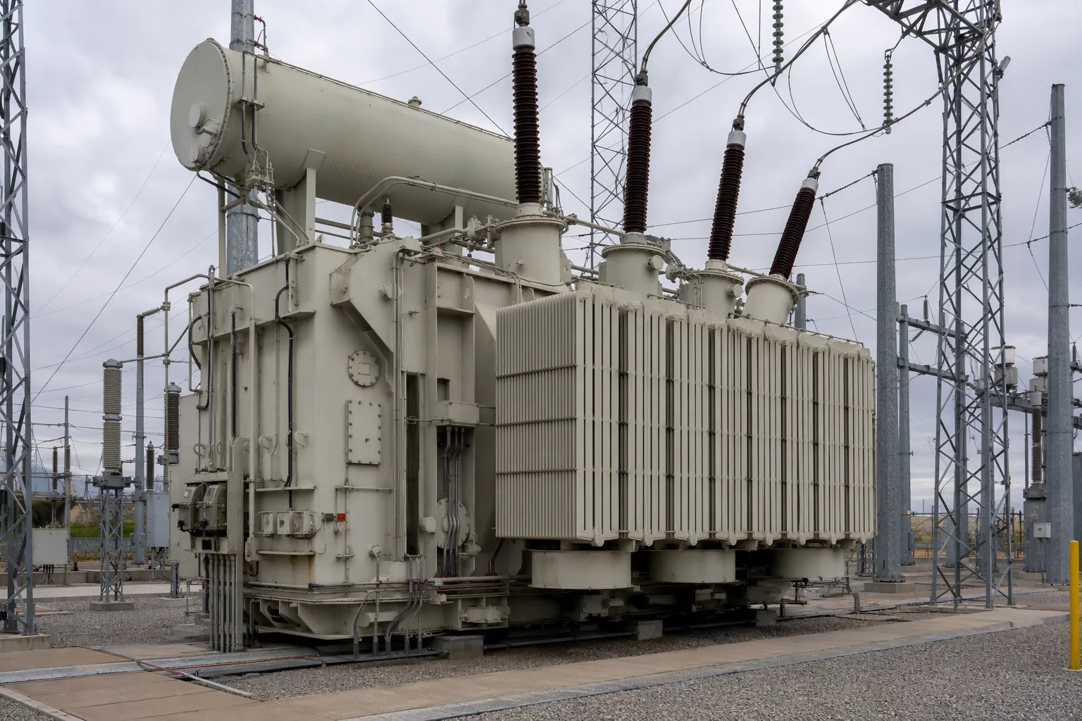 Large industrial power transformer at a substation surrounded by transmission towers and switchyard structures