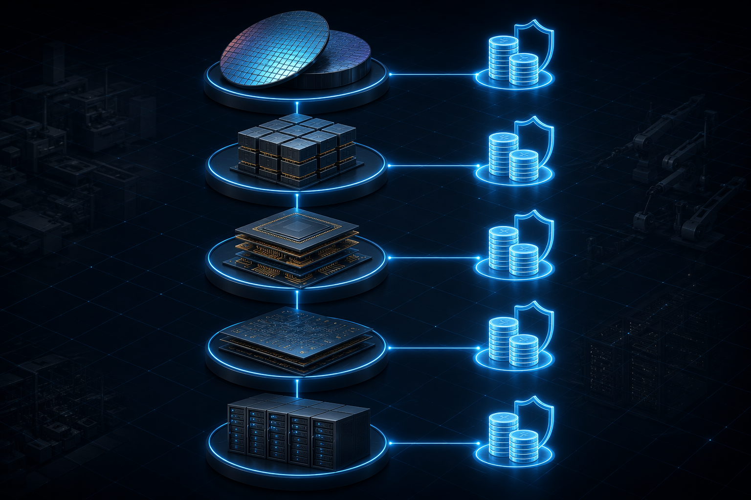 Five connected AI chip supply chain layers from wafers and HBM to packaging, substrates, and server racks