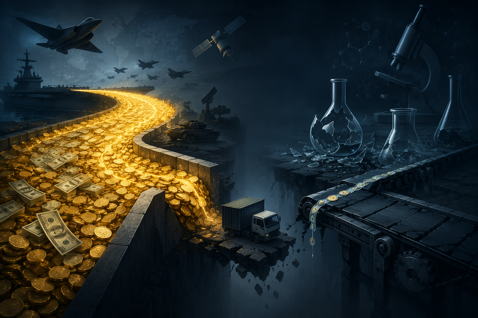 Money stream flowing toward defense systems while a research pipeline and conveyor belt break beside a stranded shipping container