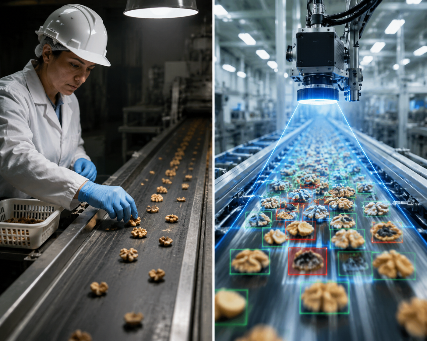 Manual sampling beside automated inline vision inspection on a food conveyor