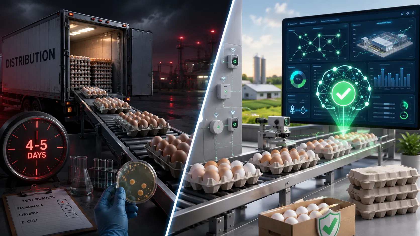 Split-screen showing eggs moving toward distribution under a lab clock on one side and an AI monitoring dashboard guiding safer egg flow on the other