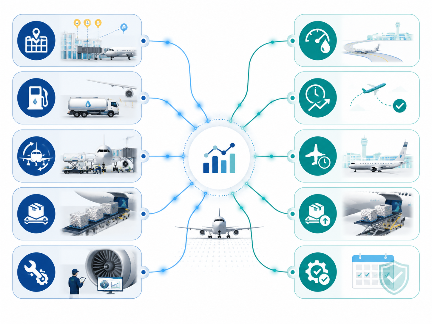 Framework connecting AI intervention areas such as gate assignment, fuel planning, apron coordination, cargo optimization, and predictive maintenance to logistics outcome metrics