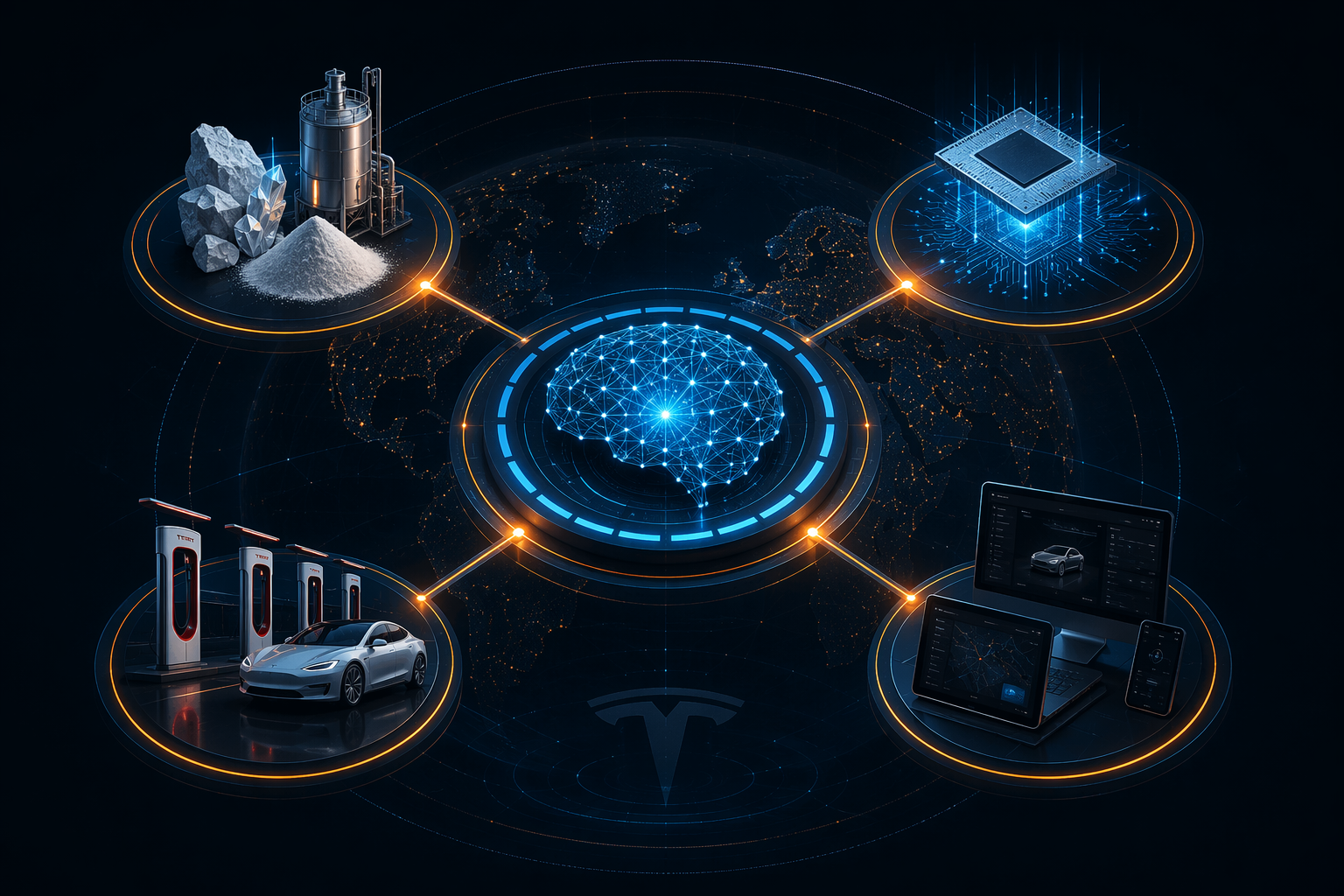 Network of strategic supply chain control nodes connected by a central AI coordination hub