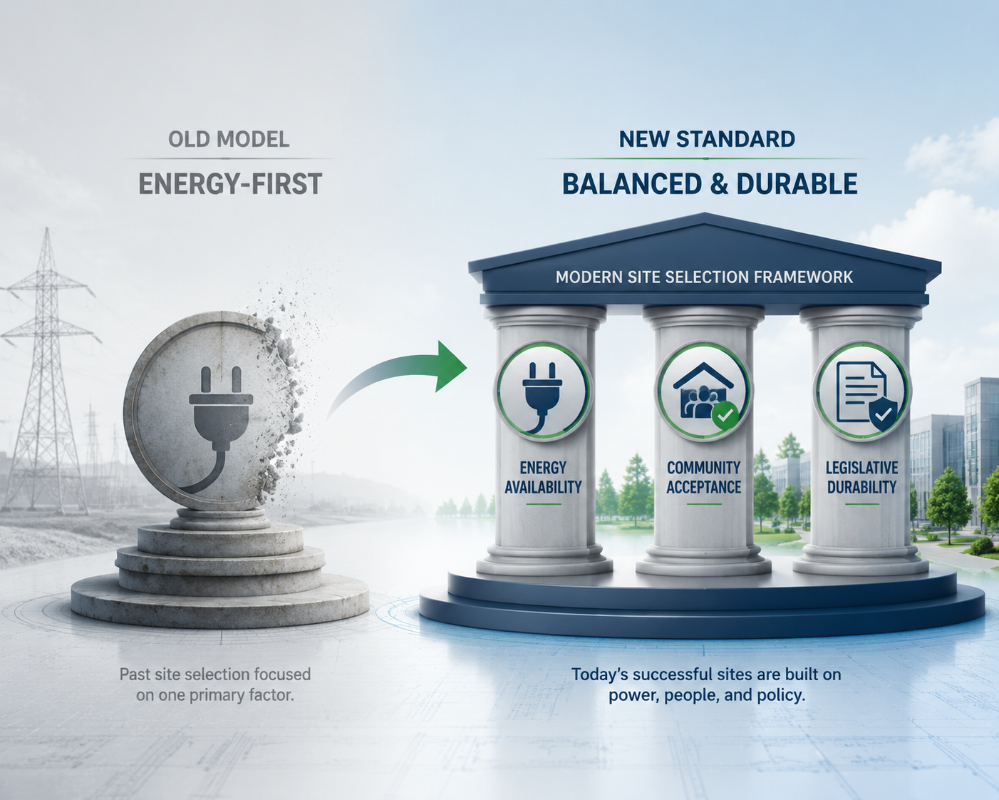 Editorial framework showing the shift from energy-first site selection to power access, community acceptance, and legislative durability