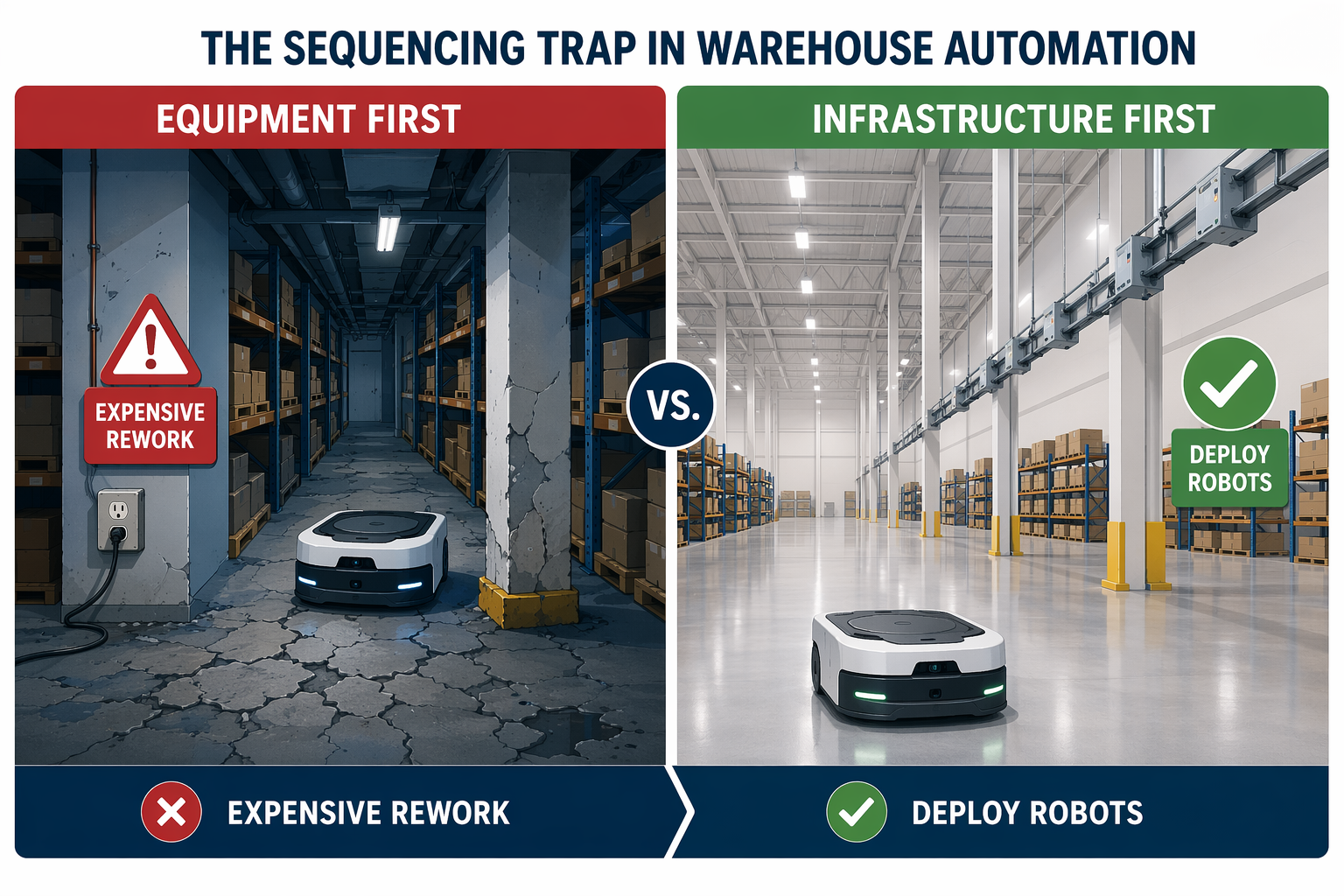 Comparison of equipment-first automation causing rework and infrastructure-first automation enabling deployment