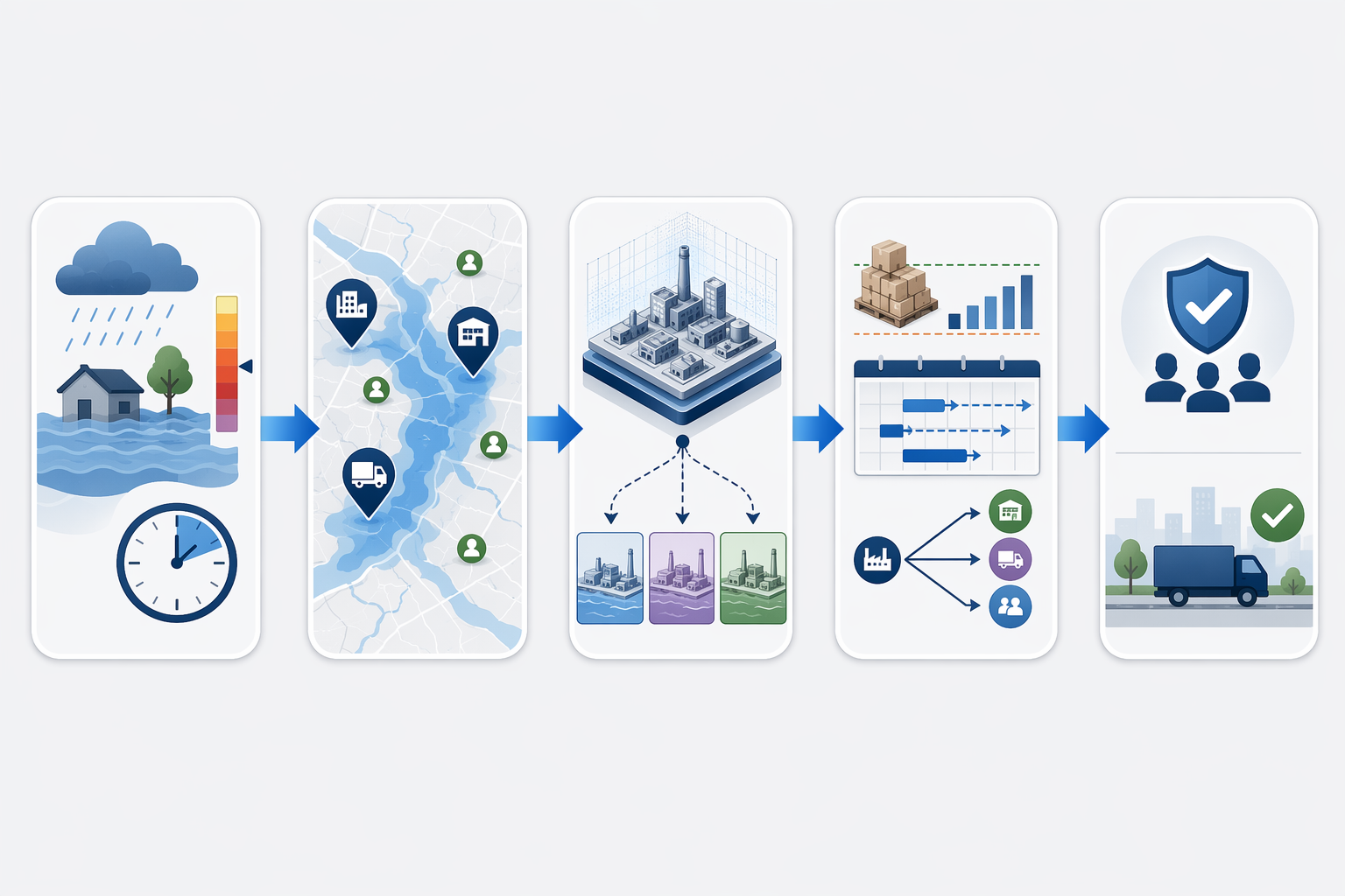 Workflow from flood probability and exposure mapping to digital twin simulation and S&OP service-level decisions