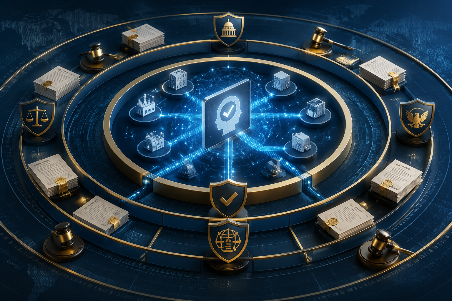 Illustration of a defense supply chain AI compliance framework with policy seals and shield icons around a network.