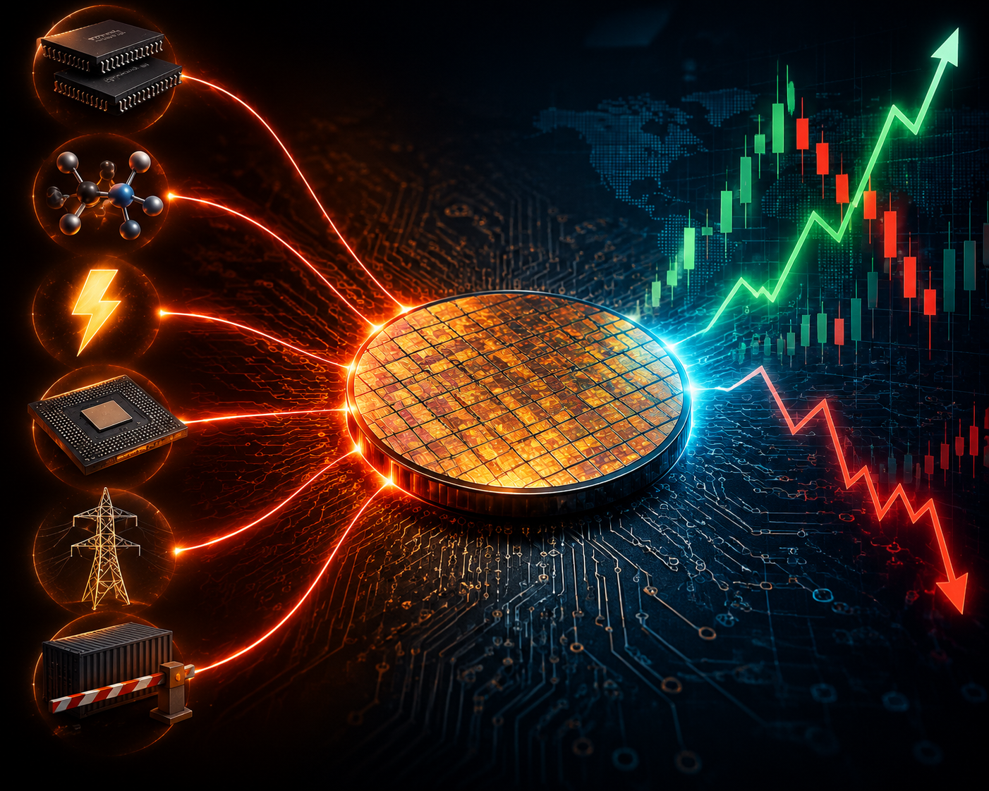 Physical semiconductor supply constraints converging on a wafer and connecting to volatile chip stock market signals
