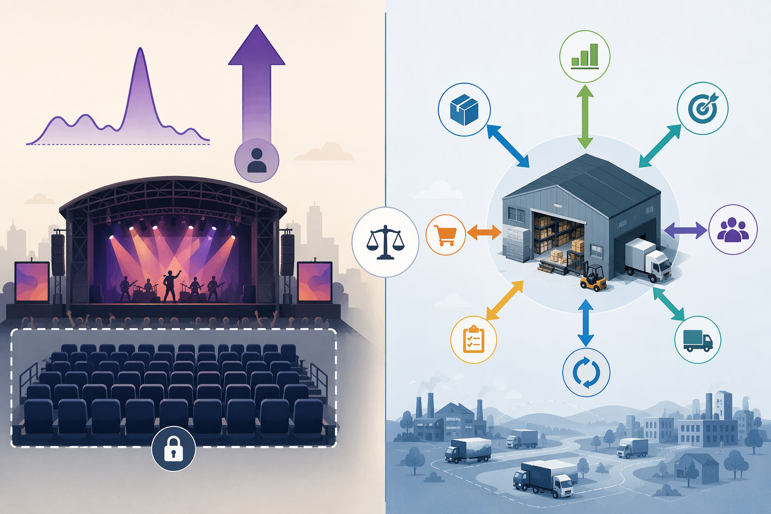 Editorial infographic comparing fixed-supply concert pricing and elastic-supply warehouse pricing