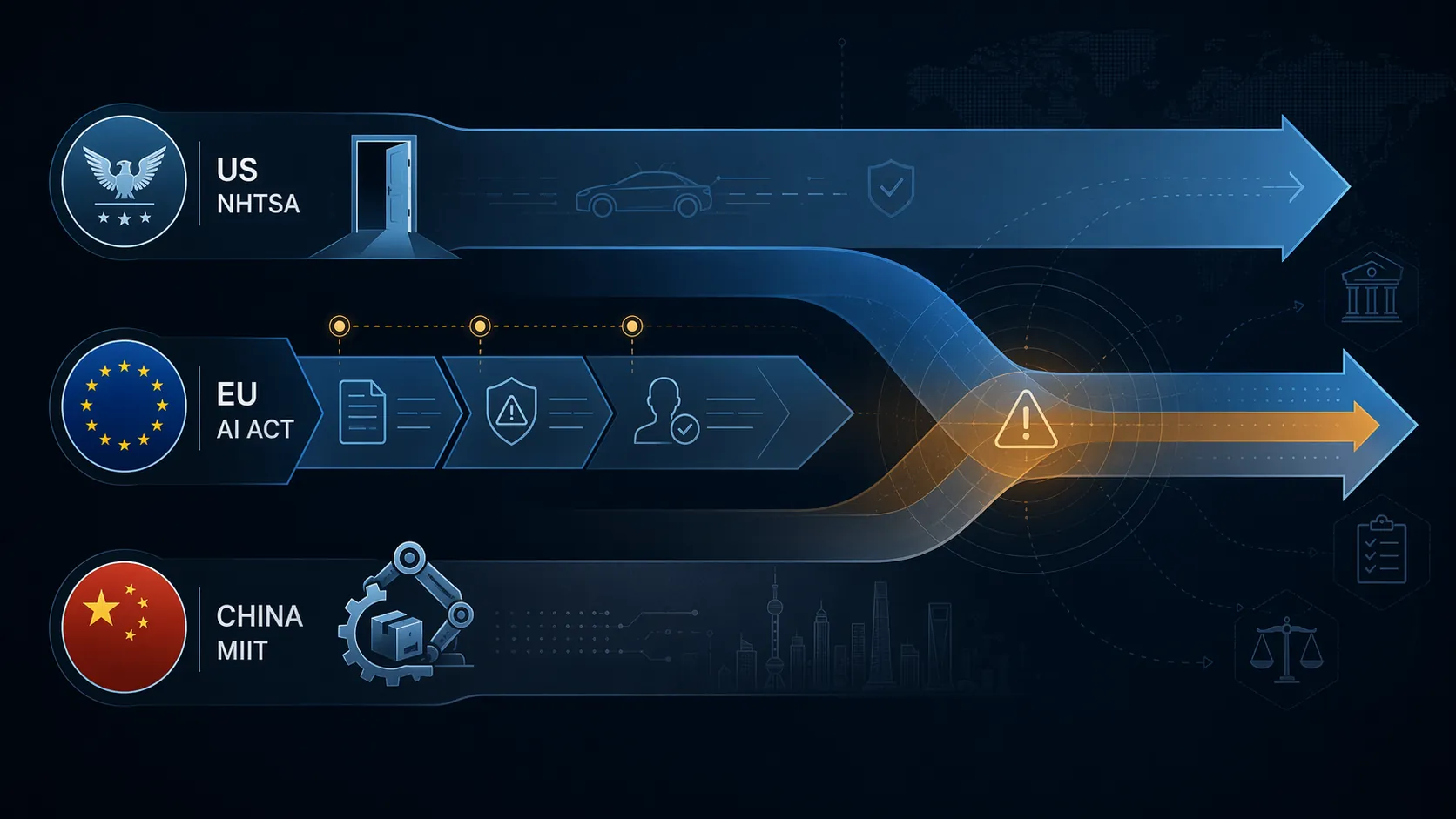 US, EU, and Chinese regulatory timeline tracks converging on automotive supplier compliance