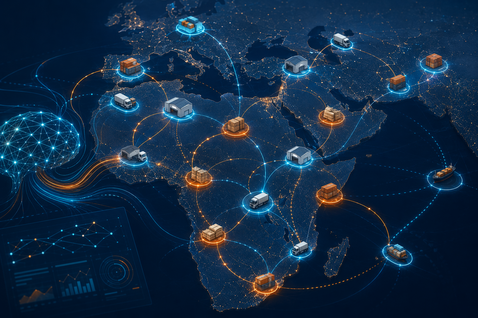 Stylized map showing connected sourcing locations, warehouses, and distribution routes across Africa and surrounding regions