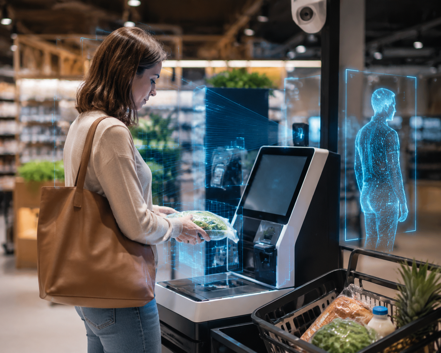 Modern self-checkout kiosk with computer vision tracking elements around a customer scanning groceries