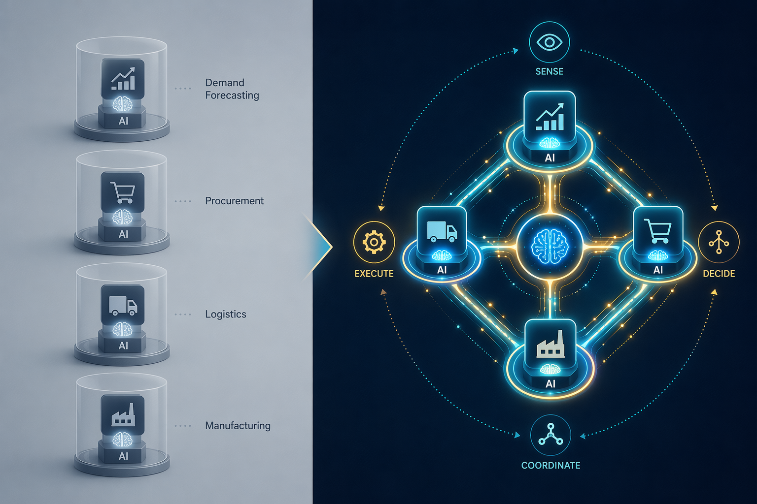 Comparison of isolated single-function AI nodes and an integrated multi-agent orchestration network