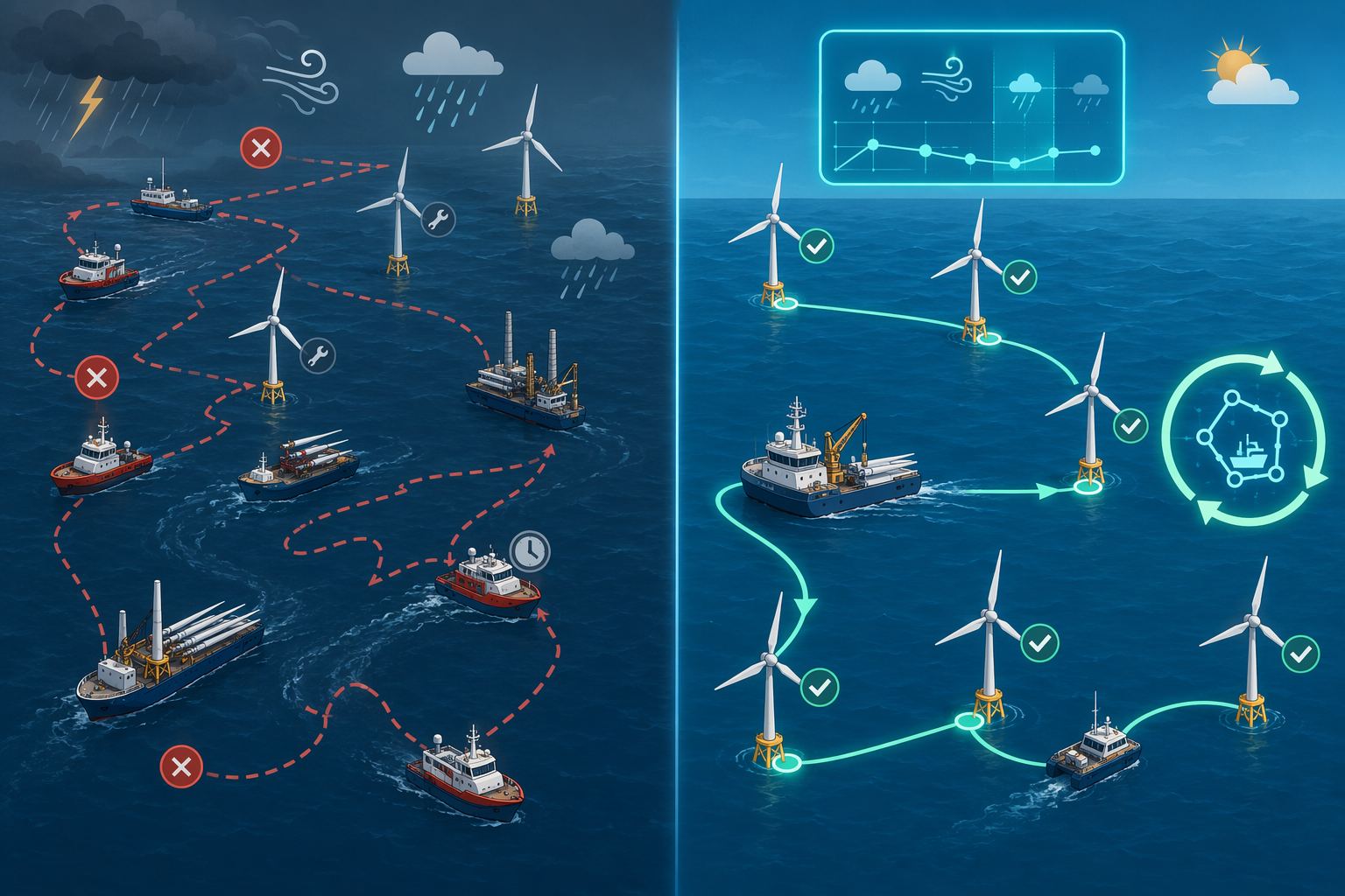 Comparison of chaotic static offshore wind dispatch planning and AI-optimized dynamic vessel routing