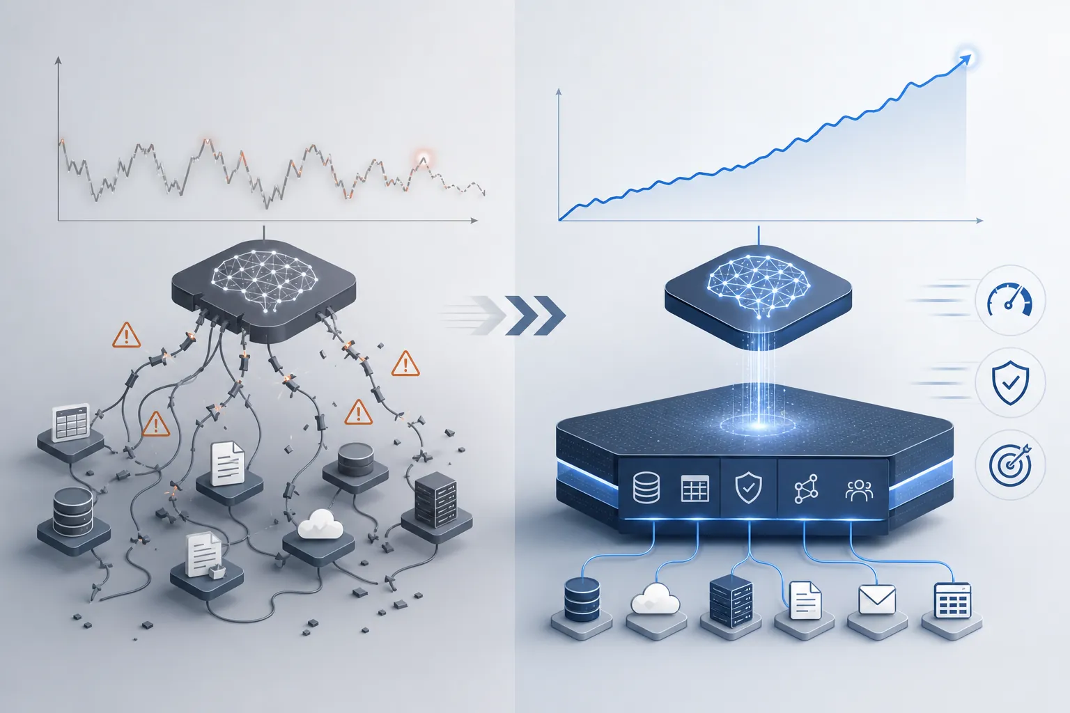 Comparison of weak AI forecasting from disconnected data and stronger forecasting from a clean data foundation
