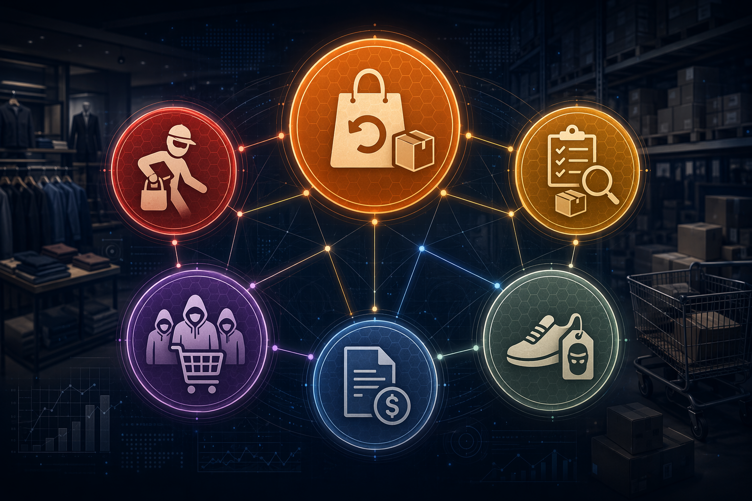 Six connected retail supply chain fraud types including returns abuse, employee theft, inventory errors, organized retail crime, billing fraud, and counterfeit goods