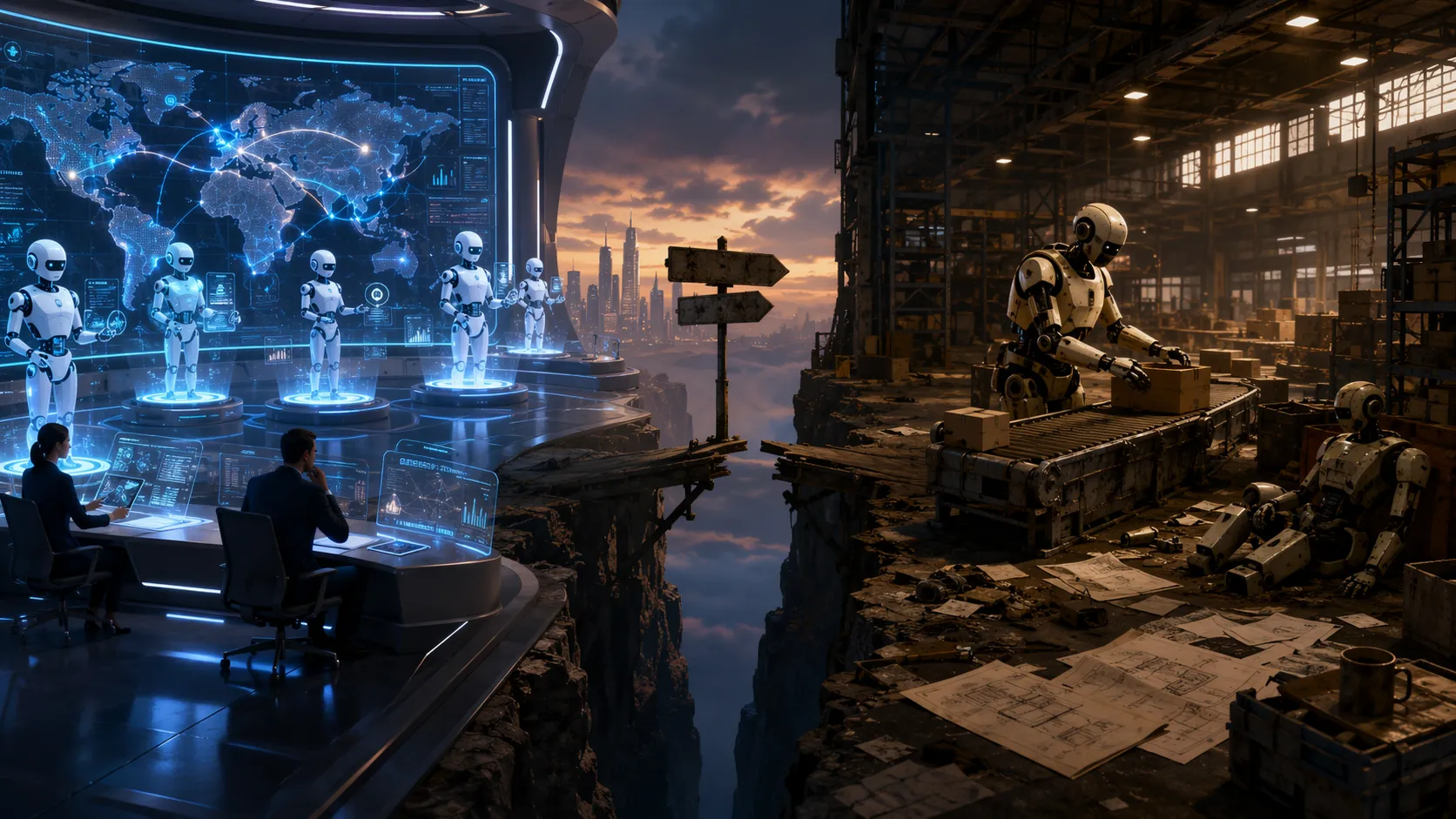 Contrasting AI control room and warehouse robots separated by a broken bridge