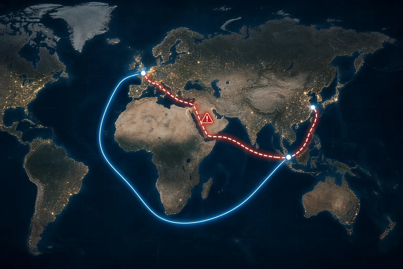 World map showing container shipping routes through the Red Sea and around the Cape of Good Hope