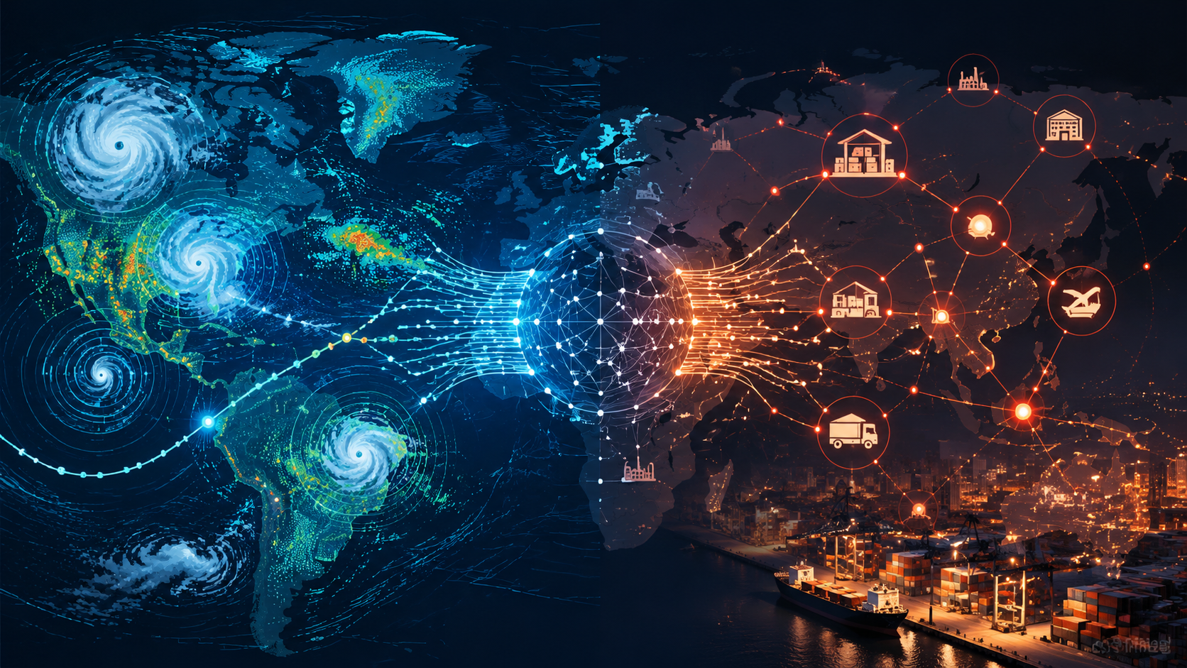 Global weather radar patterns merging with supply chain routes, warehouses, and operational decision points