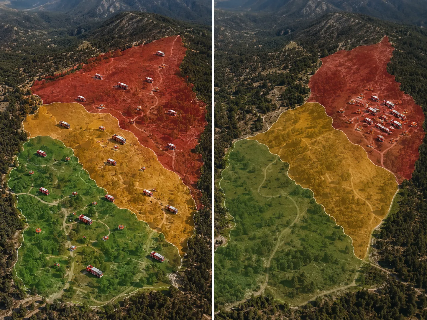 Side-by-side comparison of balanced wildfire resource allocation and over-concentrated high-risk-zone allocation