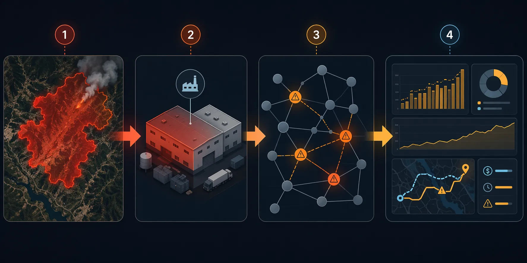 Process flow from fire perimeter to component damage probability, network disruption probability, and cost impact