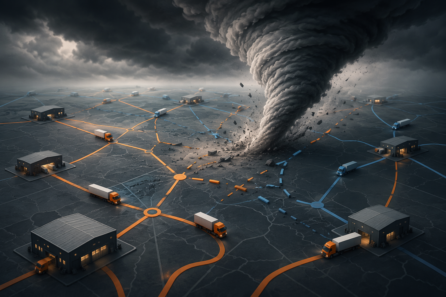 Stylized tornado crossing a logistics network map with distribution center nodes and broken highway routes