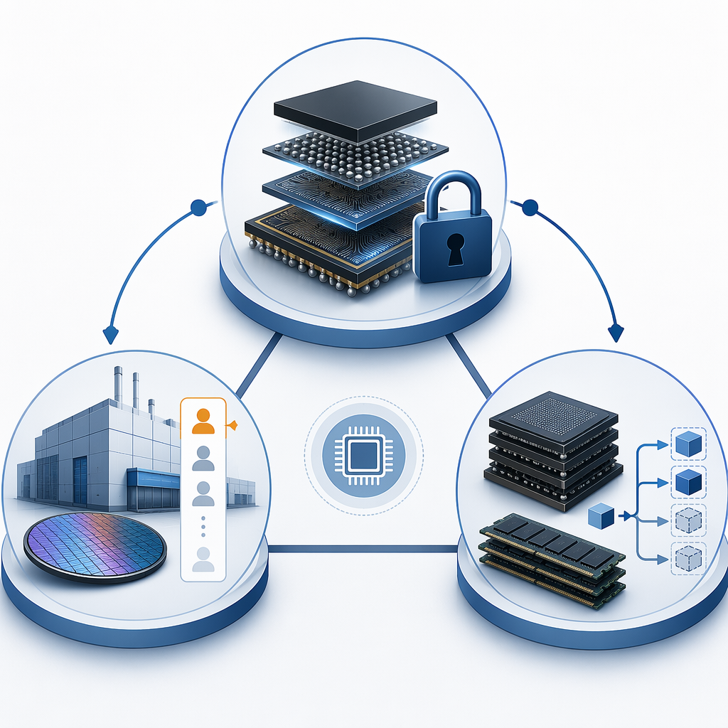 Diagram of wafer fabrication priority, locked packaging commitments, and memory allocation linked together