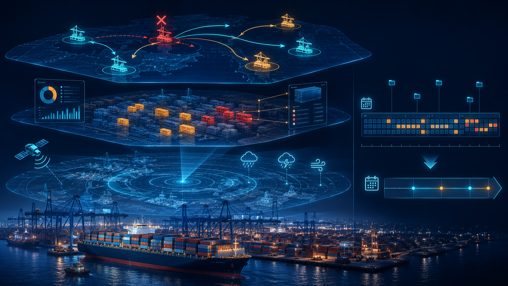 Container ship at a port with layered AI signals, impacted shipments, rerouting paths, and a timeline shrinking from weeks to days