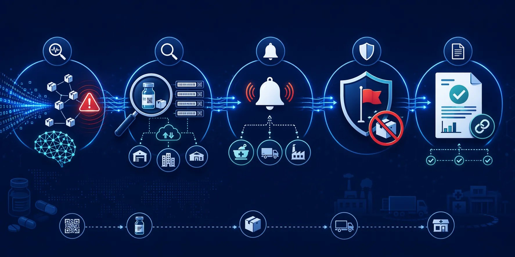 Five-stage AI-powered pharmaceutical recall workflow showing detect, trace, notify, quarantine, and reconcile and report