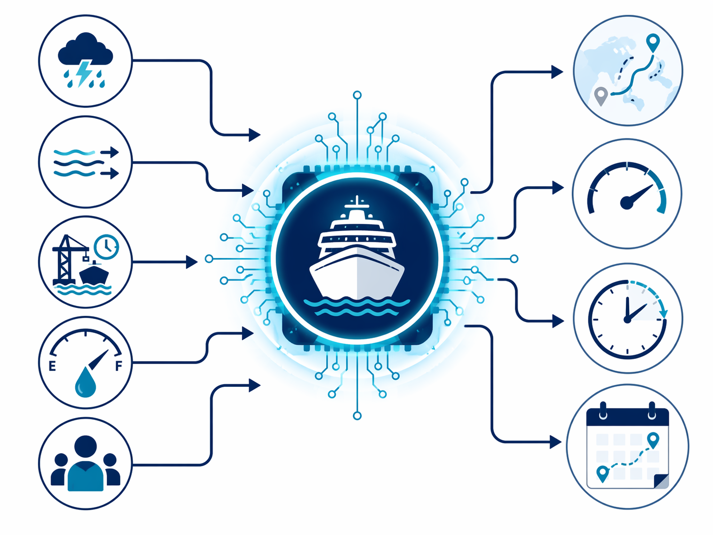 Data-flow diagram showing weather, currents, congestion, fuel, and guest demand feeding an AI route optimization engine
