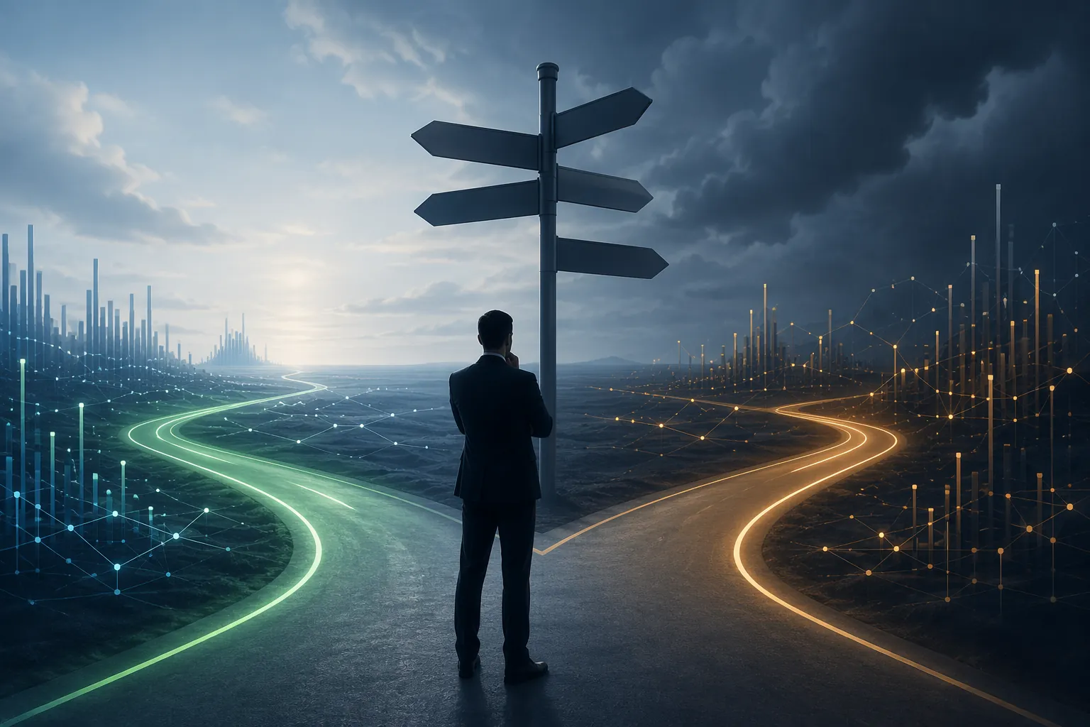 Supply chain planning professional facing a deferred momentum path and a structural risk path in a data landscape