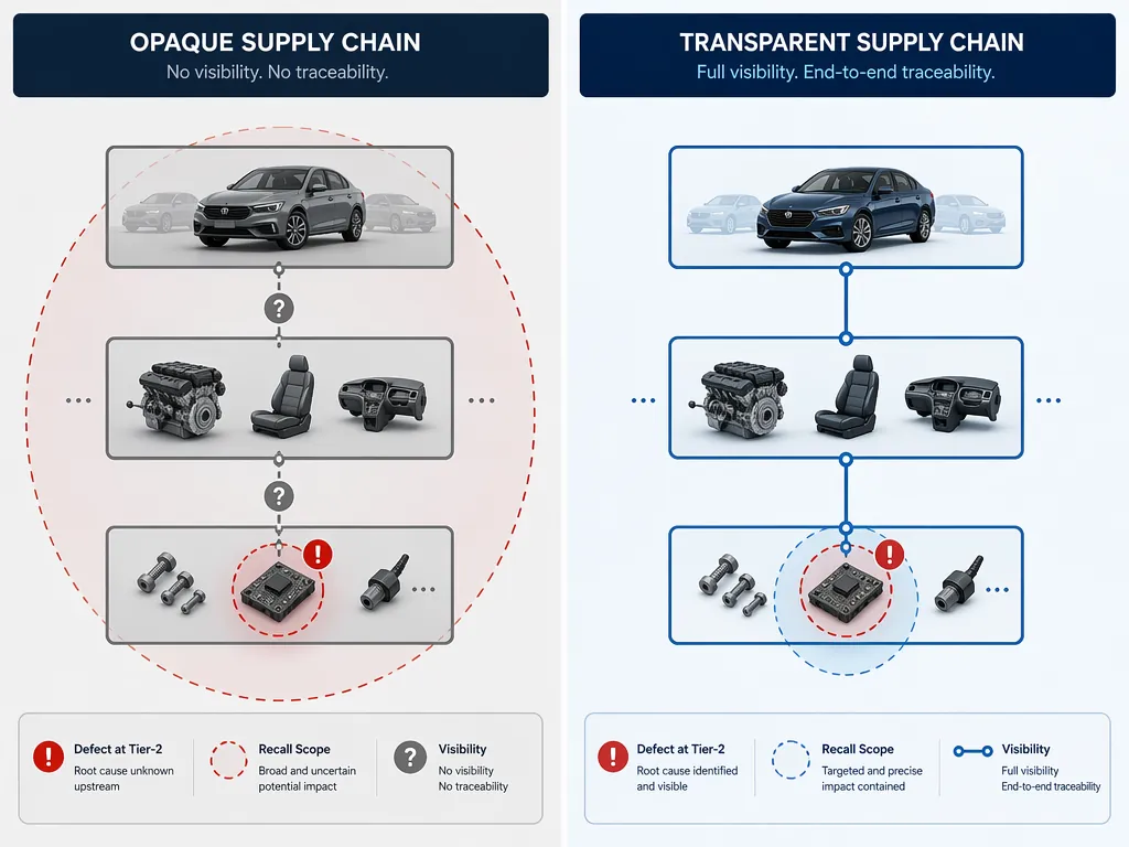 Comparison of opaque and transparent multi-tier supply chains showing broad versus targeted recall containment boundaries