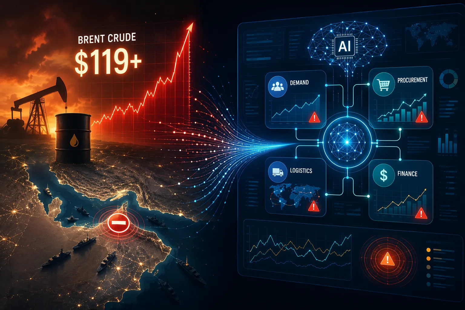 Oil price spike and Strait of Hormuz disruption linked to an AI planning dashboard